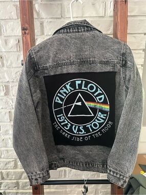 Black & Gray Acid-Wash Denim Jacket with Pink Floyd Back Patch